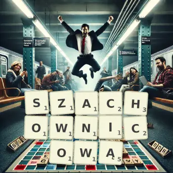 Kreatywna ilustracja do gry w Scrabble ze słowem SZACHOWNICOWĄ ułożonym z płytek na planszy.