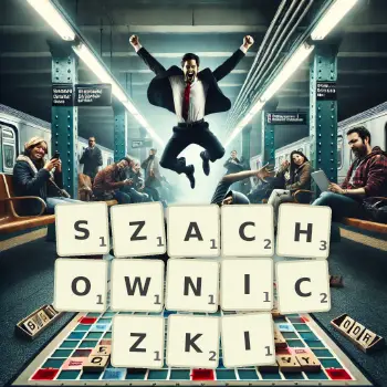 Kreatywna ilustracja do gry w Scrabble ze słowem SZACHOWNICZKI ułożonym z płytek na planszy.