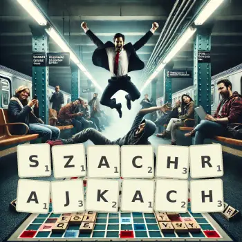 Kreatywna ilustracja do gry w Scrabble ze słowem SZACHRAJKACH ułożonym z płytek na planszy.