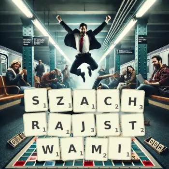 Kreatywna ilustracja do gry w Scrabble ze słowem SZACHRAJSTWAMI ułożonym z płytek na planszy.