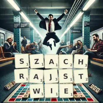 Kreatywna ilustracja do gry w Scrabble ze słowem SZACHRAJSTWIE ułożonym z płytek na planszy.