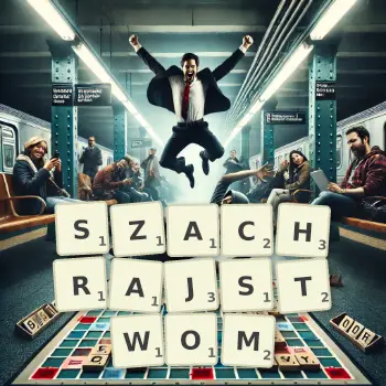 Kreatywna ilustracja do gry w Scrabble ze słowem SZACHRAJSTWOM ułożonym z płytek na planszy.