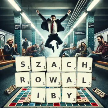 Kreatywna ilustracja do gry w Scrabble ze słowem SZACHROWALIBY ułożonym z płytek na planszy.