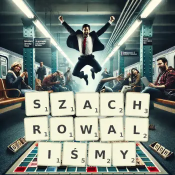 Kreatywna ilustracja do gry w Scrabble ze słowem SZACHROWALIŚMY ułożonym z płytek na planszy.