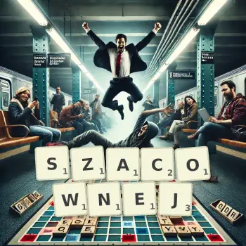 Kreatywna ilustracja do gry w Scrabble ze słowem SZACOWNEJ ułożonym z płytek na planszy.