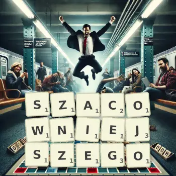 Kreatywna ilustracja do gry w Scrabble ze słowem SZACOWNIEJSZEGO ułożonym z płytek na planszy.
