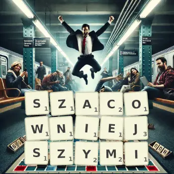 Kreatywna ilustracja do gry w Scrabble ze słowem SZACOWNIEJSZYMI ułożonym z płytek na planszy.