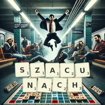 Kreatywna ilustracja do gry w Scrabble ze słowem SZACUNACH ułożonym z płytek na planszy.