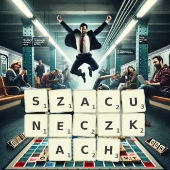 Kreatywna ilustracja do gry w Scrabble ze słowem SZACUNECZKACH ułożonym z płytek na planszy.