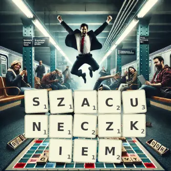 Kreatywna ilustracja do gry w Scrabble ze słowem SZACUNECZKIEM ułożonym z płytek na planszy.