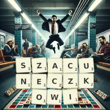 Kreatywna ilustracja do gry w Scrabble ze słowem SZACUNECZKOWI ułożonym z płytek na planszy.