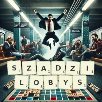 Kreatywna ilustracja do gry w Scrabble ze słowem SZADZILOBYS ułożonym z płytek na planszy.