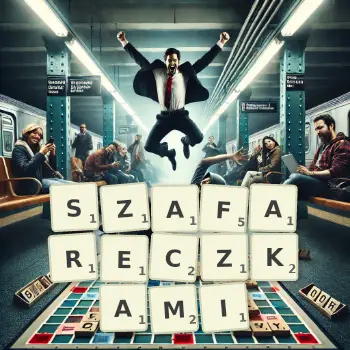 Kreatywna ilustracja do gry w Scrabble ze słowem SZAFARECZKAMI ułożonym z płytek na planszy.