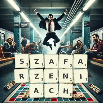 Kreatywna ilustracja do gry w Scrabble ze słowem SZAFARZENIACH ułożonym z płytek na planszy.