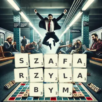 Kreatywna ilustracja do gry w Scrabble ze słowem SZAFARZYLABYM ułożonym z płytek na planszy.