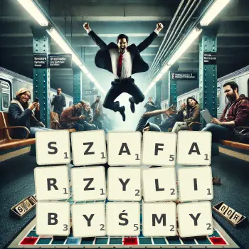 Kreatywna ilustracja do gry w Scrabble ze słowem SZAFARZYLIBYŚMY ułożonym z płytek na planszy.