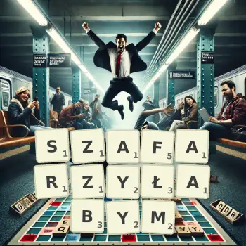 Kreatywna ilustracja do gry w Scrabble ze słowem SZAFARZYŁABYM ułożonym z płytek na planszy.