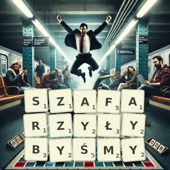 Kreatywna ilustracja do gry w Scrabble ze słowem SZAFARZYŁYBYŚMY ułożonym z płytek na planszy.