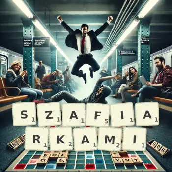 Kreatywna ilustracja do gry w Scrabble ze słowem SZAFIARKAMI ułożonym z płytek na planszy.