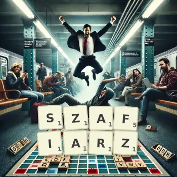 Kreatywna ilustracja do gry w Scrabble ze słowem SZAFIARZ ułożonym z płytek na planszy.