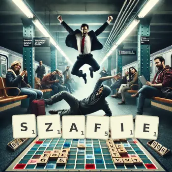 Kreatywna ilustracja do gry w Scrabble ze słowem SZAFIE ułożonym z płytek na planszy.