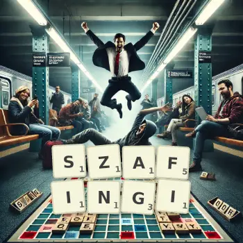 Kreatywna ilustracja do gry w Scrabble ze słowem SZAFINGI ułożonym z płytek na planszy.
