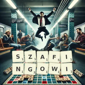 Kreatywna ilustracja do gry w Scrabble ze słowem SZAFINGOWI ułożonym z płytek na planszy.