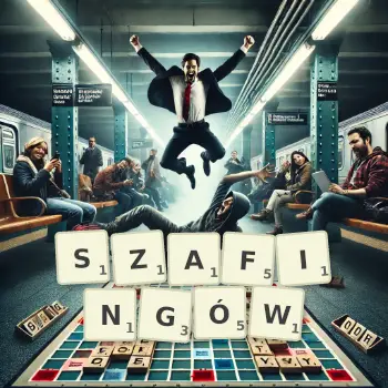 Kreatywna ilustracja do gry w Scrabble ze słowem SZAFINGÓW ułożonym z płytek na planszy.