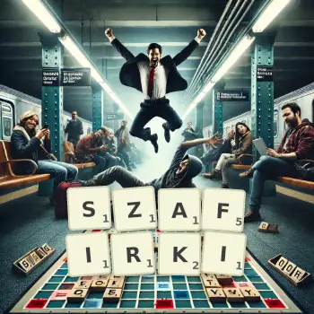 Kreatywna ilustracja do gry w Scrabble ze słowem SZAFIRKI ułożonym z płytek na planszy.