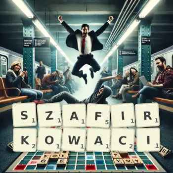 Kreatywna ilustracja do gry w Scrabble ze słowem SZAFIRKOWACI ułożonym z płytek na planszy.