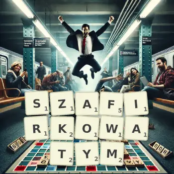 Kreatywna ilustracja do gry w Scrabble ze słowem SZAFIRKOWATYM ułożonym z płytek na planszy.