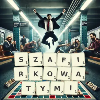 Kreatywna ilustracja do gry w Scrabble ze słowem SZAFIRKOWATYMI ułożonym z płytek na planszy.