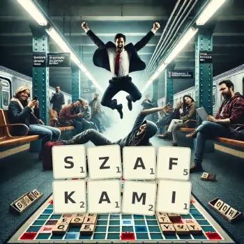 Kreatywna ilustracja do gry w Scrabble ze słowem SZAFKAMI ułożonym z płytek na planszy.