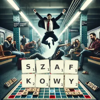 Kreatywna ilustracja do gry w Scrabble ze słowem SZAFKOWY ułożonym z płytek na planszy.