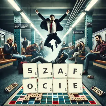 Kreatywna ilustracja do gry w Scrabble ze słowem SZAFOCIE ułożonym z płytek na planszy.