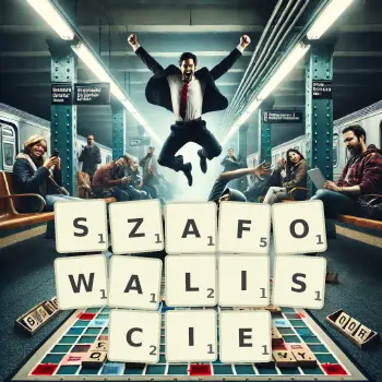 Kreatywna ilustracja do gry w Scrabble ze słowem SZAFOWALISCIE ułożonym z płytek na planszy.