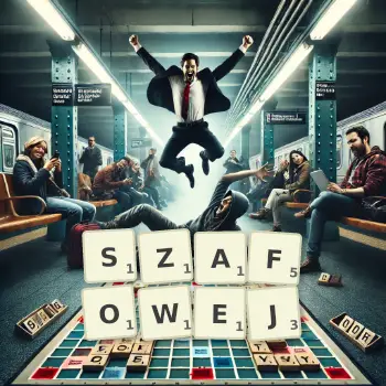 Kreatywna ilustracja do gry w Scrabble ze słowem SZAFOWEJ ułożonym z płytek na planszy.