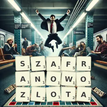 Kreatywna ilustracja do gry w Scrabble ze słowem SZAFRANOWOZLOTA ułożonym z płytek na planszy.