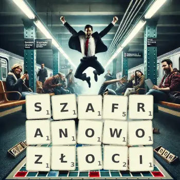 Kreatywna ilustracja do gry w Scrabble ze słowem SZAFRANOWOZŁOCI ułożonym z płytek na planszy.