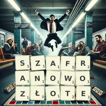Kreatywna ilustracja do gry w Scrabble ze słowem SZAFRANOWOZŁOTE ułożonym z płytek na planszy.