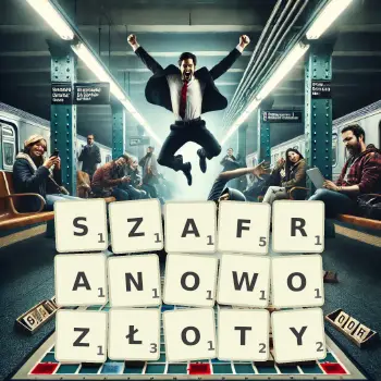 Kreatywna ilustracja do gry w Scrabble ze słowem SZAFRANOWOZŁOTY ułożonym z płytek na planszy.