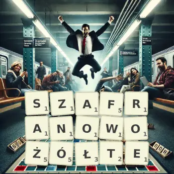 Kreatywna ilustracja do gry w Scrabble ze słowem SZAFRANOWOŻÓŁTE ułożonym z płytek na planszy.