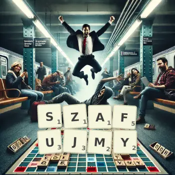 Kreatywna ilustracja do gry w Scrabble ze słowem SZAFUJMY ułożonym z płytek na planszy.