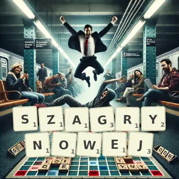 Kreatywna ilustracja do gry w Scrabble ze słowem SZAGRYNOWEJ ułożonym z płytek na planszy.