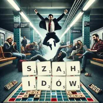 Kreatywna ilustracja do gry w Scrabble ze słowem SZAHIDÓW ułożonym z płytek na planszy.