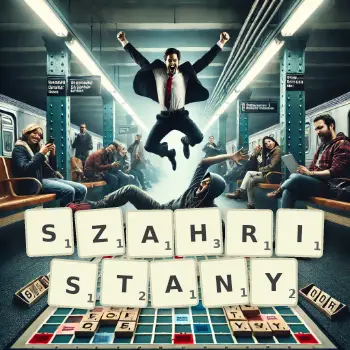 Kreatywna ilustracja do gry w Scrabble ze słowem SZAHRISTANY ułożonym z płytek na planszy.