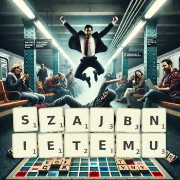Kreatywna ilustracja do gry w Scrabble ze słowem SZAJBNIETEMU ułożonym z płytek na planszy.