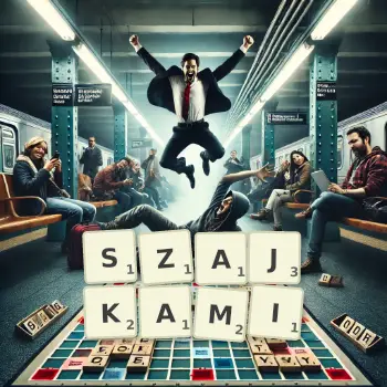 Kreatywna ilustracja do gry w Scrabble ze słowem SZAJKAMI ułożonym z płytek na planszy.