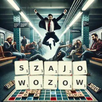 Kreatywna ilustracja do gry w Scrabble ze słowem SZAJOWOZOW ułożonym z płytek na planszy.