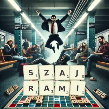 Kreatywna ilustracja do gry w Scrabble ze słowem SZAJRAMI ułożonym z płytek na planszy.